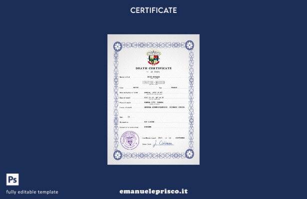 modello PSD del certificato di morte dei documenti di stato civile di Panama in 